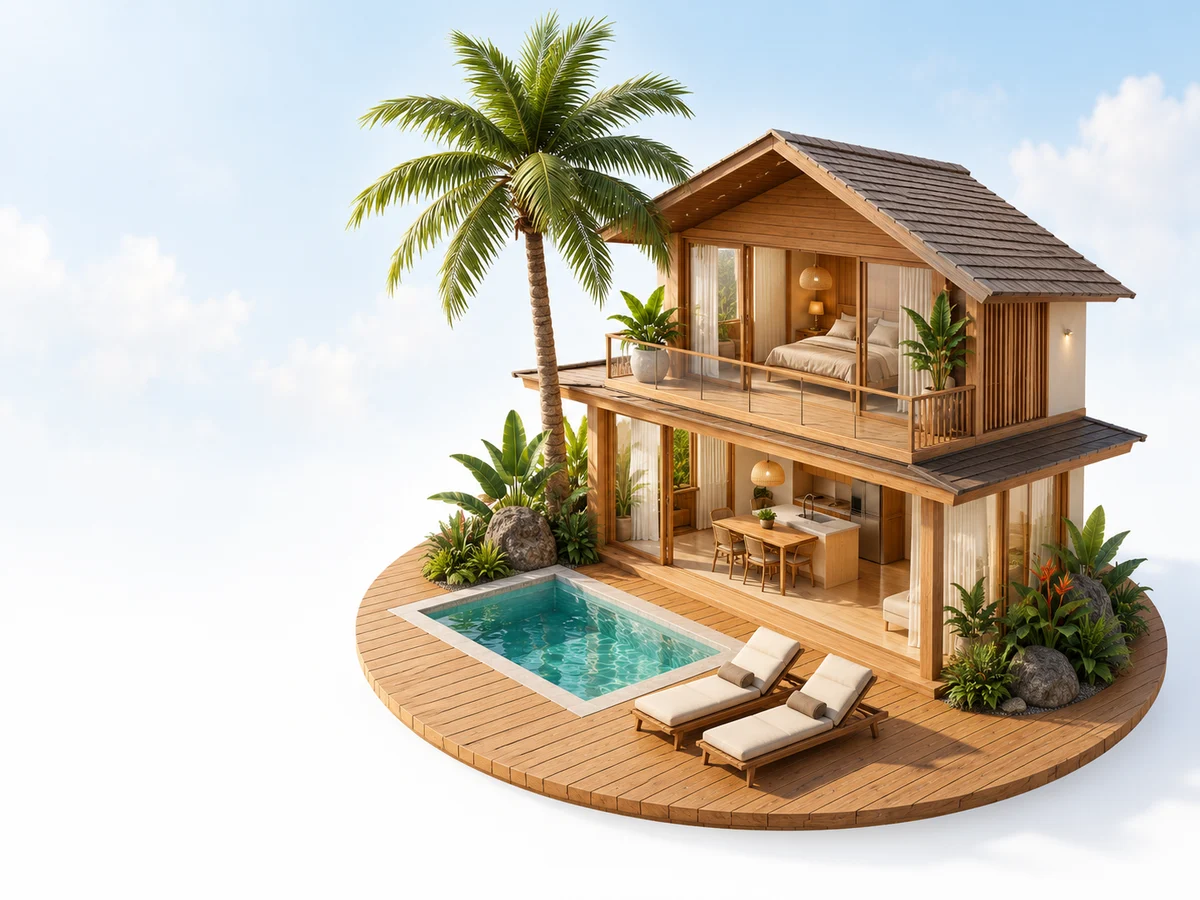 A miniature wooden villa with a pool and palm tree