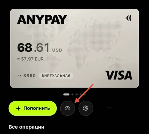 Tap the eye icon below the card in AnyPay to view its details; the screenshot shows Ultimate