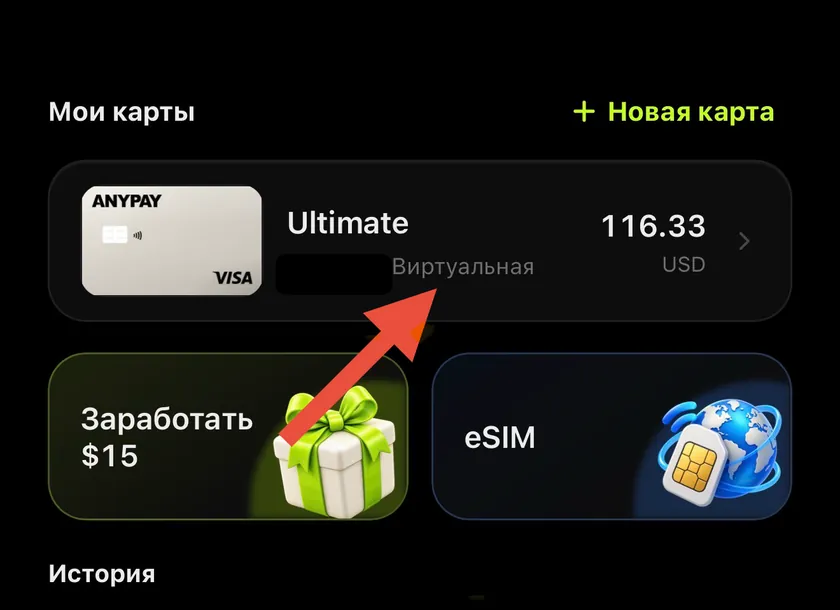 My cards in AnyPay: the arrow points to the issued Ultimate card