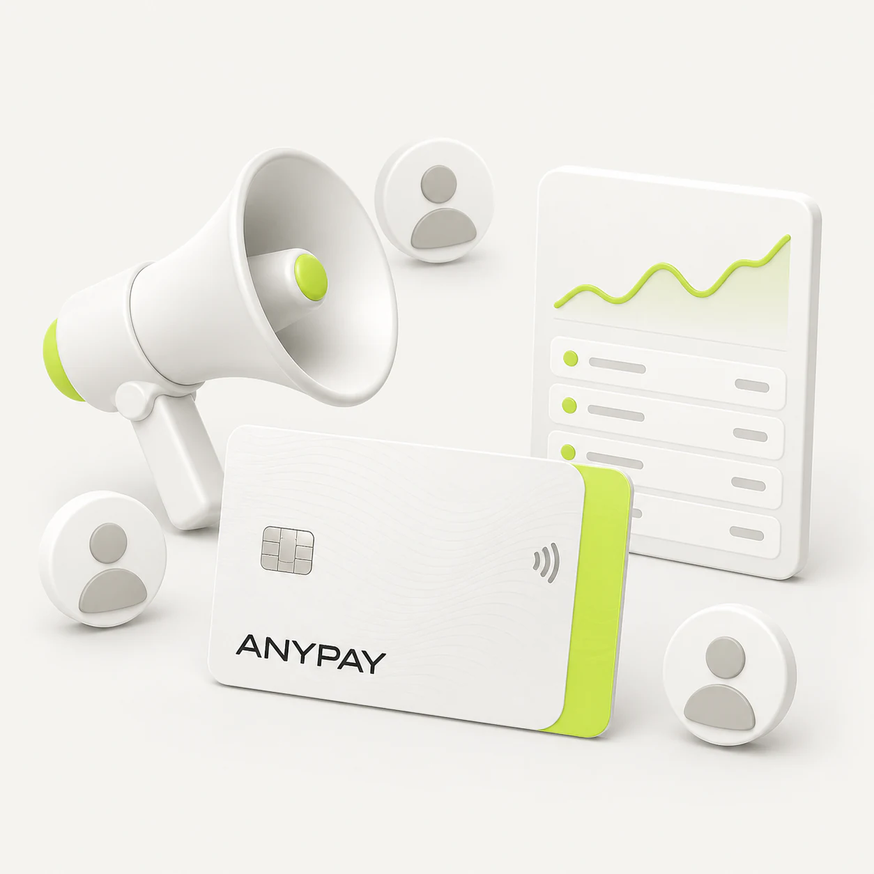AnyPay partner program with an audience, payment card and analytics dashboard